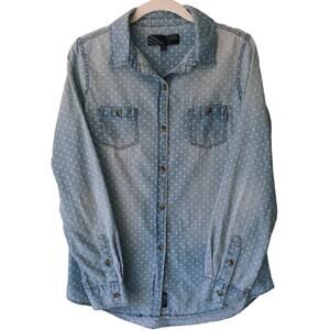 Vans M Chambray Denim Top Button Up White Polka Dot Long Sleeve Fading Worn In